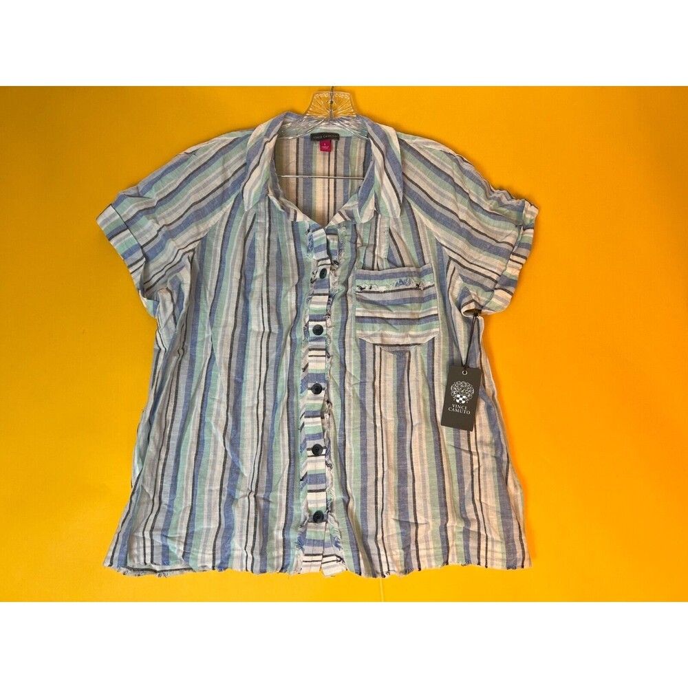 Vince Casual Button Up Shirt Womens L Blue Striped Short Sleeve Linen Blend NWT